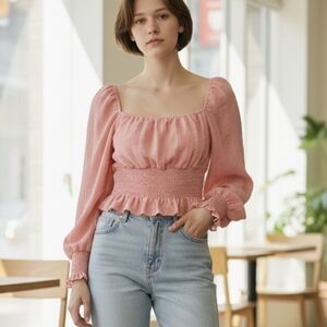 Guess Pink Ruffled Long Sleeve Blouse.Size M